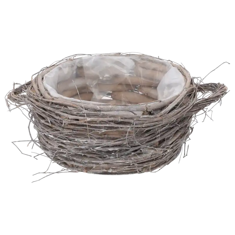Okrągła osłonka z naturalnych patyków o średnicy 23 cm. Wnętrze wyłożone folią ochronną, idealna do aranżacji roślinnych w domu, na tarasie lub jako dekoracja nagrobna.
