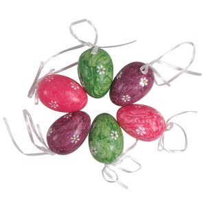 Zestaw 6 sztuk pisanek o wysokości 6 cm w pastelowych kolorach z motywem kwiatowym, każda z tasiemką do zawieszenia.