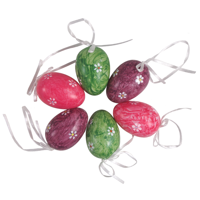 Zestaw 6 sztuk pisanek o wysokości 6 cm w pastelowych kolorach z motywem kwiatowym, każda z tasiemką do zawieszenia.