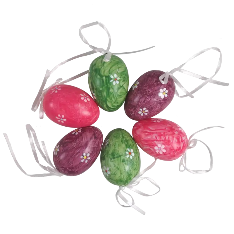 Zestaw 6 sztuk pisanek o wysokości 6 cm w pastelowych kolorach z motywem kwiatowym, każda z tasiemką do zawieszenia.