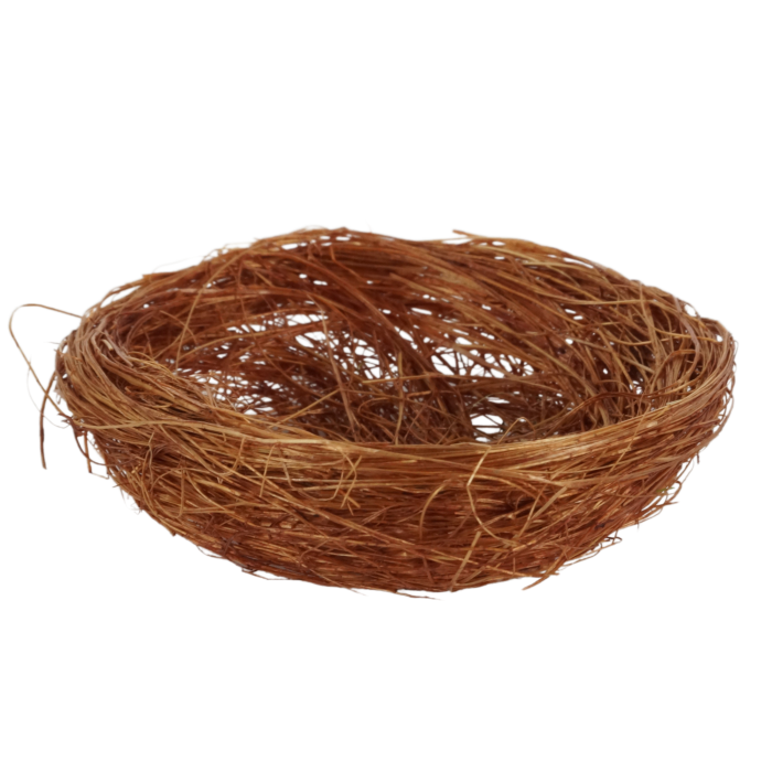 Zestaw 6 brązowych gniazdek sizalowych o średnicy 6 cm i wysokości 1,5 cm. Naturalne artykuły dekoracyjne do tworzenia wielkanocnych stroików, idealne na jajka i figurki.