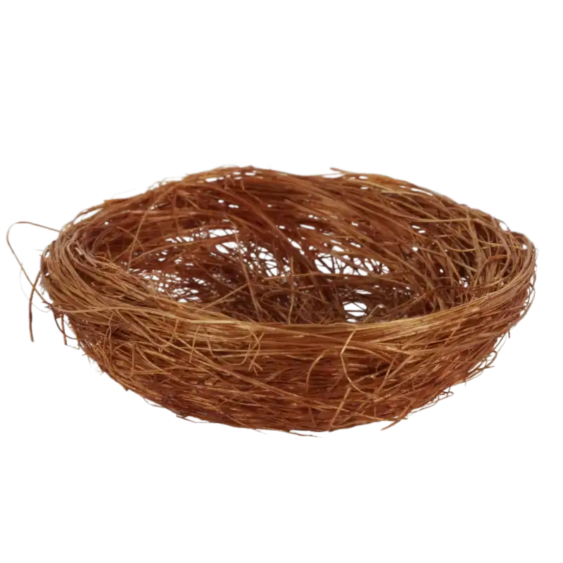 Zestaw 6 brązowych gniazdek sizalowych o średnicy 6 cm i wysokości 1,5 cm. Naturalne artykuły dekoracyjne do tworzenia wielkanocnych stroików, idealne na jajka i figurki.