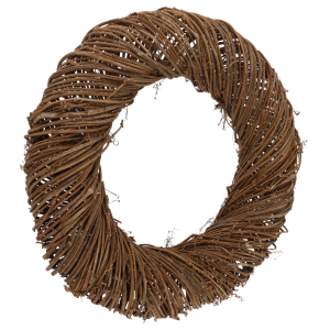 Prezentacja naturalnej struktury wianka z winorośli o średnicy 50 cm. Estetyczny fundament do samodzielnego ozdabiania w stylu boho i naturalnym.