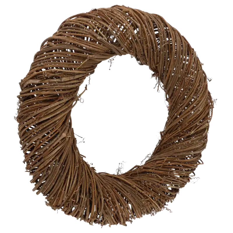 Prezentacja naturalnej struktury wianka z winorośli o średnicy 50 cm. Estetyczny fundament do samodzielnego ozdabiania w stylu boho i naturalnym.