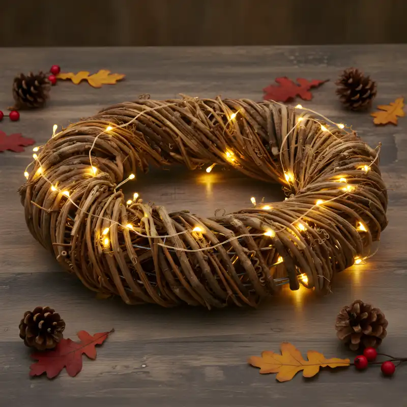 Wianek z winorośli 50 cm oświetlony lampkami LED jako gotowa dekoracja na stole, w otoczeniu szyszek i jesiennych liści. Inspiracja do aranżacji świątecznej.