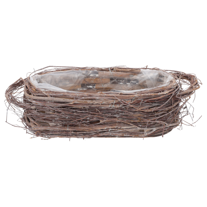 Owalna osłonka z naturalnych patyków o wymiarach 28x14 cm. Posiada folię ochronną wewnątrz, idealna jako baza do kompozycji roślinnych w stylu rustykalnym.