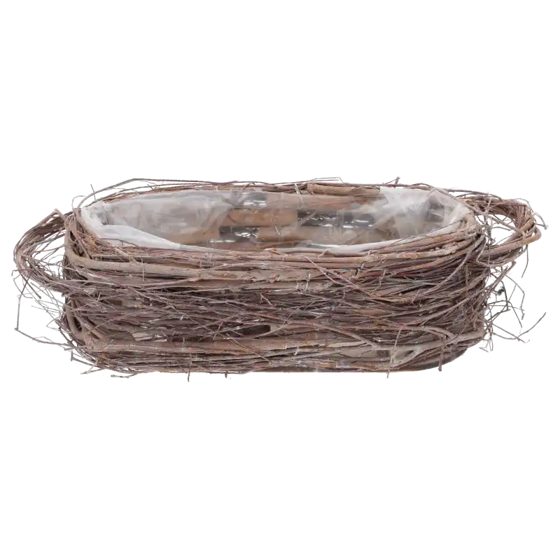 Owalna osłonka z naturalnych patyków o wymiarach 28x14 cm. Posiada folię ochronną wewnątrz, idealna jako baza do kompozycji roślinnych w stylu rustykalnym.