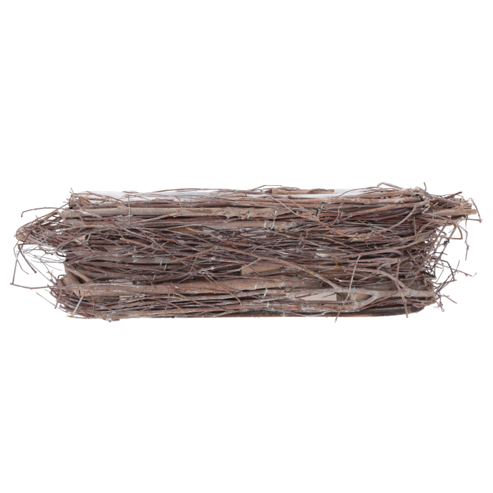 Naturalna owalna osłonka z patyków o wymiarach 28x14 cm świetnie sprawdza się jako baza pod kompozycje nagrobne, dekoracje balkonowe i rośliny doniczkowe, dzięki folii ochronnej zapewniającej wygodne i bezpieczne użytkowanie.