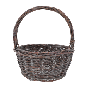 Pusty okrągły kosz wiklinowy o wymiarach 33Hx28x28 cm z wygodną rączką, utrzymany w naturalnym kolorze, idealny do aranżacji w stylu rustykalnym.