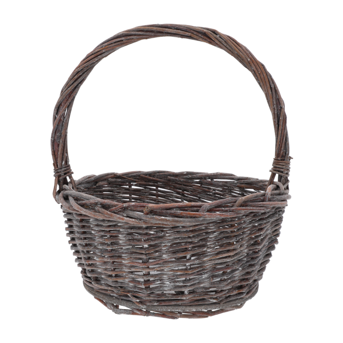 Pusty okrągły kosz wiklinowy o wymiarach 33Hx28x28 cm z wygodną rączką, utrzymany w naturalnym kolorze, idealny do aranżacji w stylu rustykalnym.