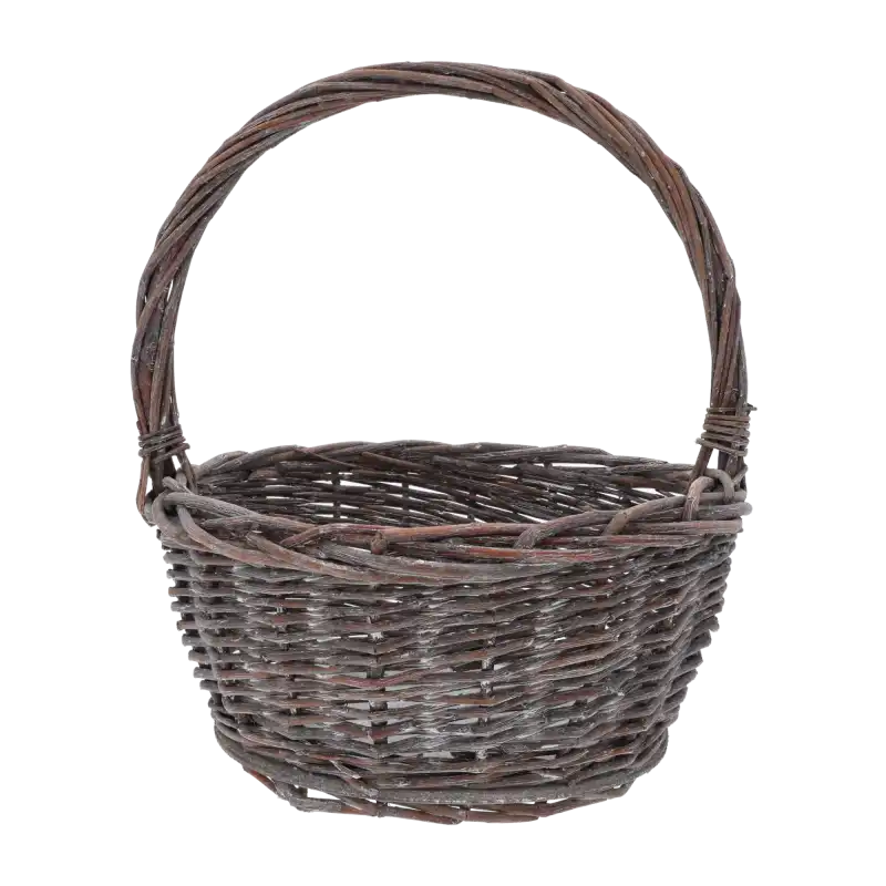 Pusty okrągły kosz wiklinowy o wymiarach 33Hx28x28 cm z wygodną rączką, utrzymany w naturalnym kolorze, idealny do aranżacji w stylu rustykalnym.