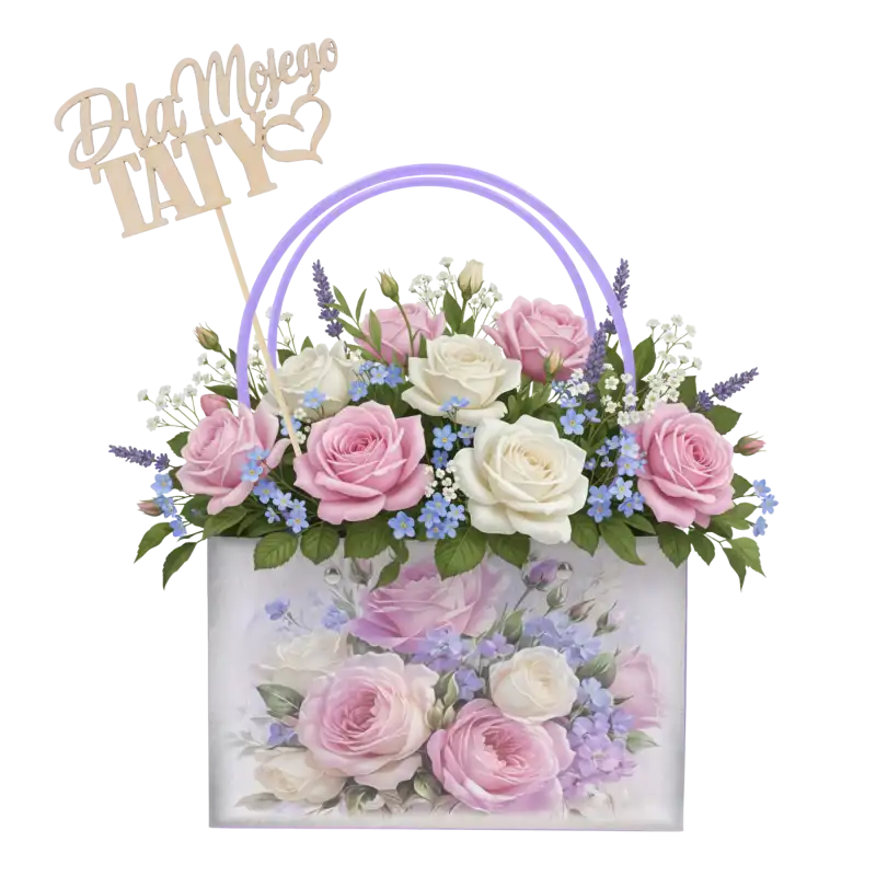 Drewniany topper na piku umieszczony w ozdobnej torbie z bukietem róż. Dekoracja 33 cm dodaje upominkom osobistego charakteru i elegancji w każdej aranżacji.