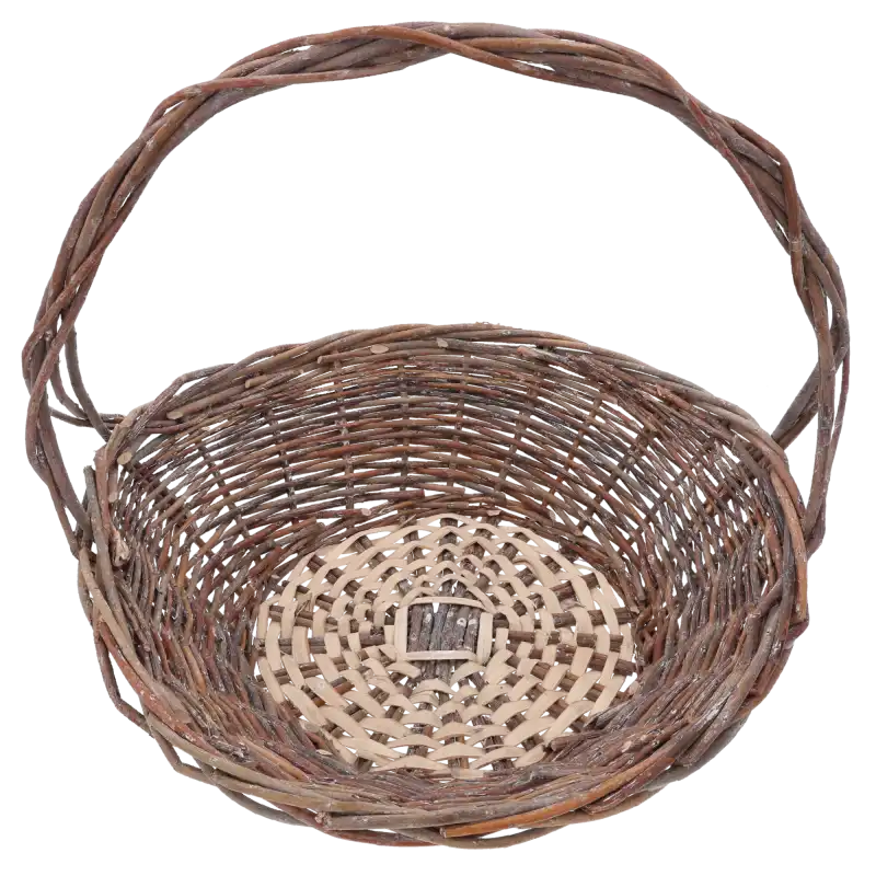 Wnętrze okrągłego kosza wiklinowego. Widoczne precyzyjne plecenie dna oraz naturalny odcień materiału.