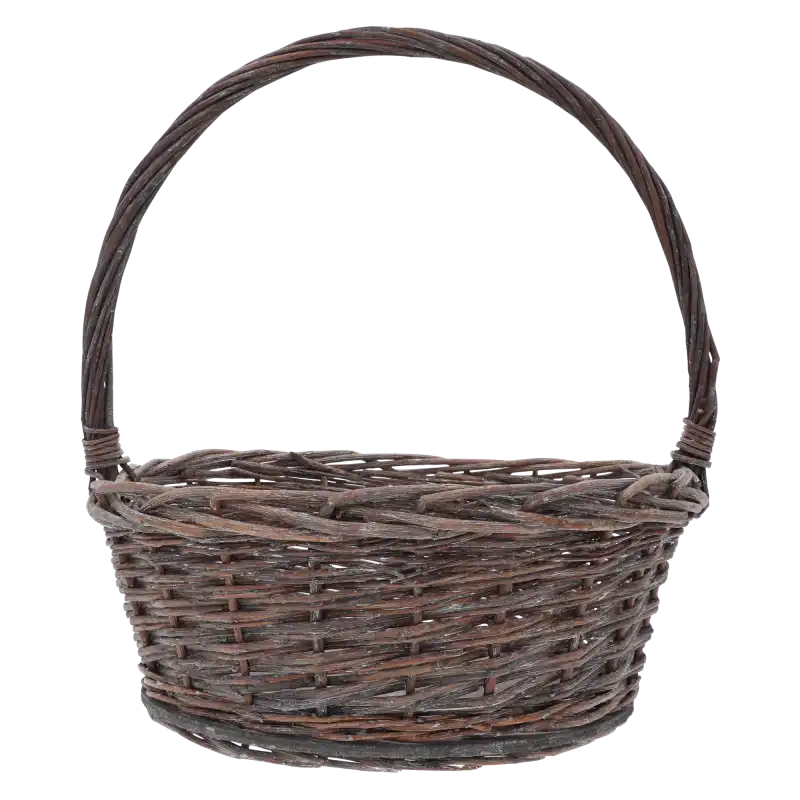 Pusty kosz wiklinowy z wygodną rączką, średnica 32 cm. Uniwersalny dodatek do aranżacji wnętrz, balkonów i tarasów.