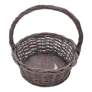 Okrągły kosz wiklinowy o średnicy 26 cm w rozmiarze M. Naturalny splot z rączką, idealny do aranżacji domowych, dekoracji świątecznych i kwiatowych.
