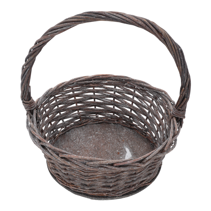 Okrągły kosz wiklinowy o średnicy 26 cm w rozmiarze M. Naturalny splot z rączką, idealny do aranżacji domowych, dekoracji świątecznych i kwiatowych.