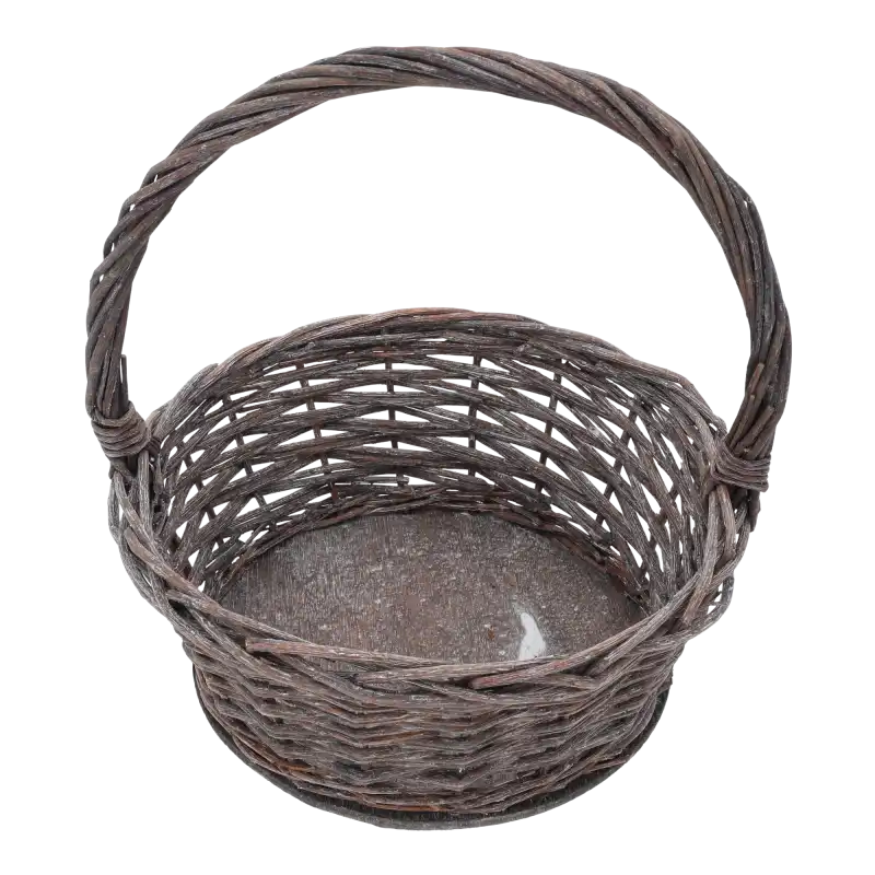 Okrągły kosz wiklinowy o średnicy 26 cm w rozmiarze M. Naturalny splot z rączką, idealny do aranżacji domowych, dekoracji świątecznych i kwiatowych.