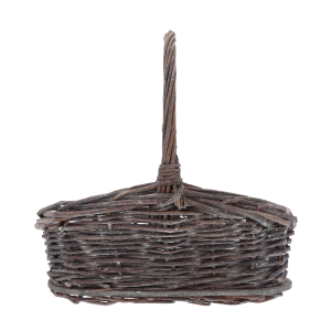 Widok z boku na naturalny kosz wiklinowy S o wymiarach 26x21 cm, prezentujący gęsty splot naturalnych włókien.