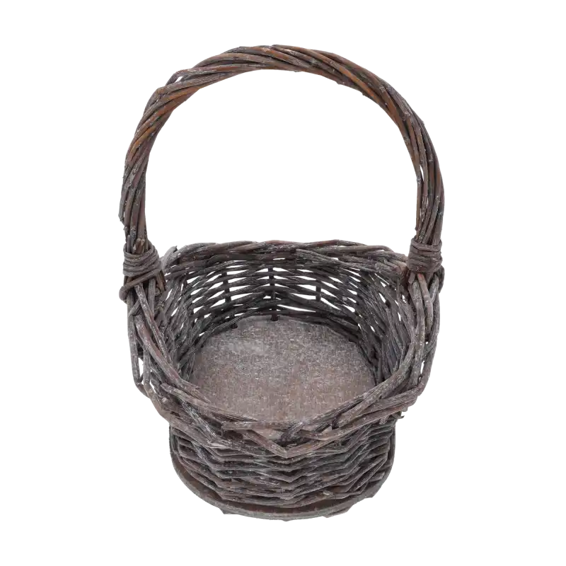 Wnętrze owalnego kosza wiklinowego S, widoczne dno i mocowanie rączki do ścianek bocznych konstrukcji.