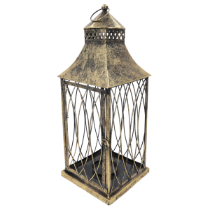 Złoty lampion dekoracyjny z ażurowym wykończeniem dachu. Metalowa rama z efektem postarzania świetnie prezentuje się w stylu rustykalnym.
