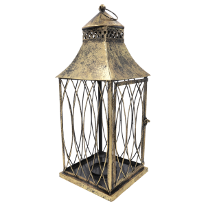 Lampion metalowy w kolorze złotym z efektem przetarć. Konstrukcja z zaokrąglonymi prętami dodaje lekkości w każdej dekoracji.