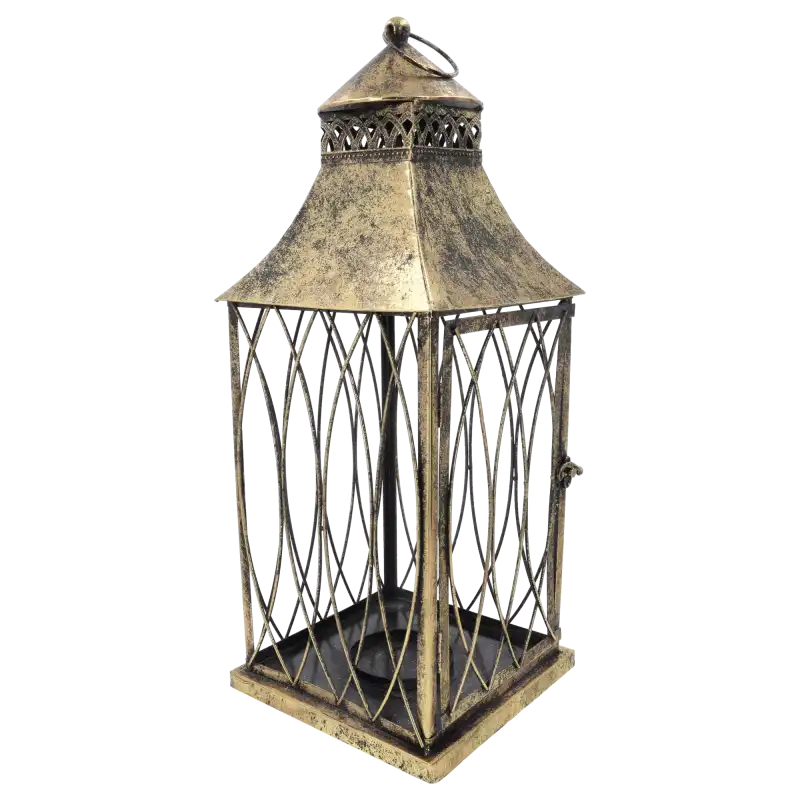Lampion metalowy w kolorze złotym z efektem przetarć. Konstrukcja z zaokrąglonymi prętami dodaje lekkości w każdej dekoracji.