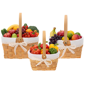 Zbliżenie na komplet łubianek wypełnionych produktami spożywczymi, pokazujące różnice w rozmiarach S, M i L.