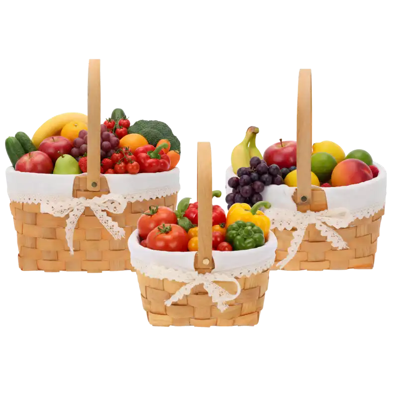 Zbliżenie na komplet łubianek wypełnionych produktami spożywczymi, pokazujące różnice w rozmiarach S, M i L.