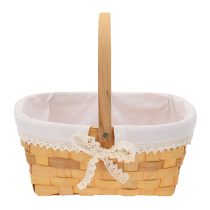 Kosz z łuby z materiałem i składaną rączką 38Hx33x41 cm. Naturalny koszyk z ażurowym wykończeniem i ozdobną kokardą, idealna baza dekoracji wnętrz.