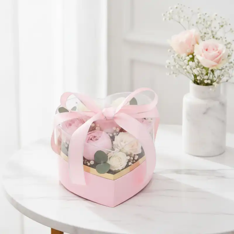 Różowy flower box w kształcie serca ustawiony na białym stole w jasnym pomieszczeniu, z wazonem kwiatów w tle.