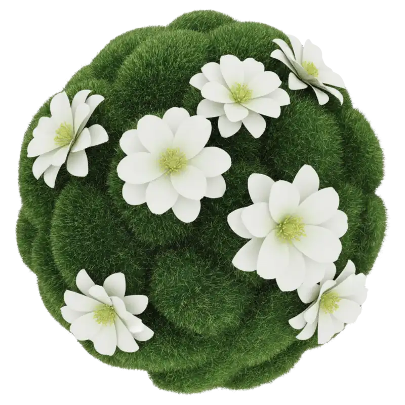 Kula z mchu 30 cm ozdobiona białymi kwiatami. Kompozycja prezentuje wszechstronność produktu jako bazy do projektów florystycznych. Elegancki dodatek do jasnych wnętrz.