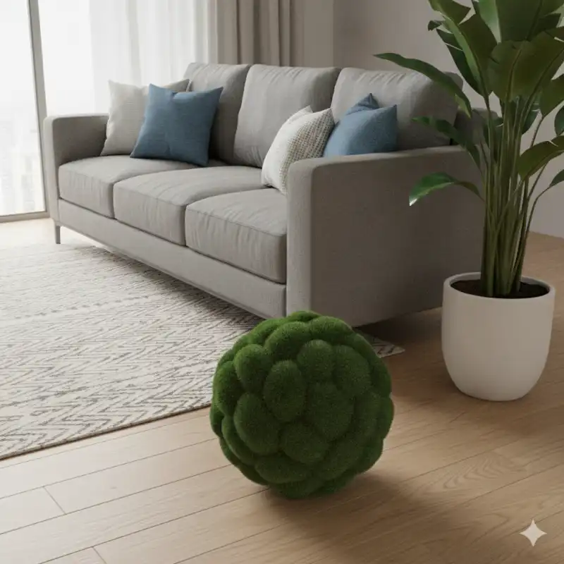 Kula z mchu 30 cm jako element dekoracyjny w salonie przy kanapie. Produkt doskonale komponuje się z nowoczesnymi wnętrzami, wprowadzając naturalny akcent do strefy wypoczynkowej.