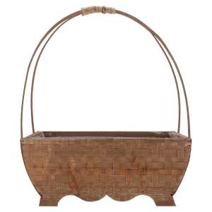 Owalna brązowa osłonka na kwiaty o wymiarach 34x28x14 cm. Kosz z praktyczną folią ochronną wewnątrz i wysoką rączką, idealna baza do kompozycji florystycznych.