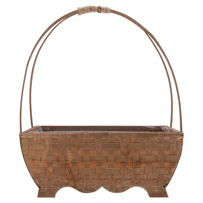 Owalna brązowa osłonka na kwiaty o wymiarach 34x28x14 cm. Kosz z praktyczną folią ochronną wewnątrz i wysoką rączką, idealna baza do kompozycji florystycznych.