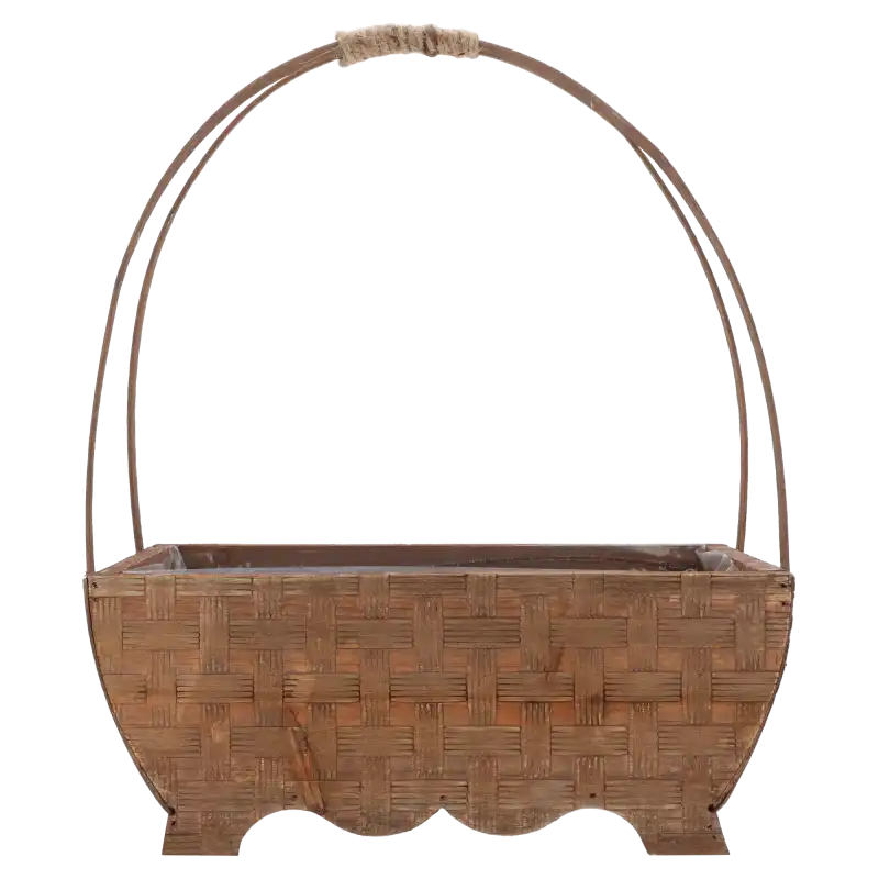 Owalna brązowa osłonka na kwiaty o wymiarach 34x28x14 cm. Kosz z praktyczną folią ochronną wewnątrz i wysoką rączką, idealna baza do kompozycji florystycznych.
