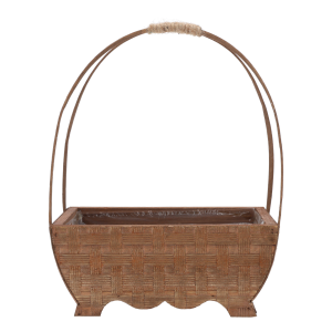 Owalna brązowa osłonka na kwiaty 30x23x11 cm z dekoracyjnym plecionym wzorem i wysokim, zaokrąglonym uchwytem. Ujęcie frontowe prezentuje jej klasyczny kształt.