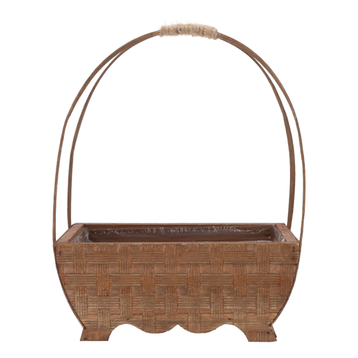 Owalna brązowa osłonka na kwiaty 30x23x11 cm z dekoracyjnym plecionym wzorem i wysokim, zaokrąglonym uchwytem. Ujęcie frontowe prezentuje jej klasyczny kształt.