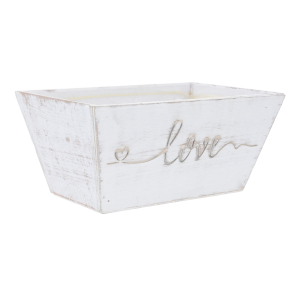 Biała drewniana skrzynka prezentowa LOVE 23x14 cm z folią ochronną. Stylowa osłonka na kwiaty i baza na upominki w romantycznym stylu do aranżacji wnętrz.