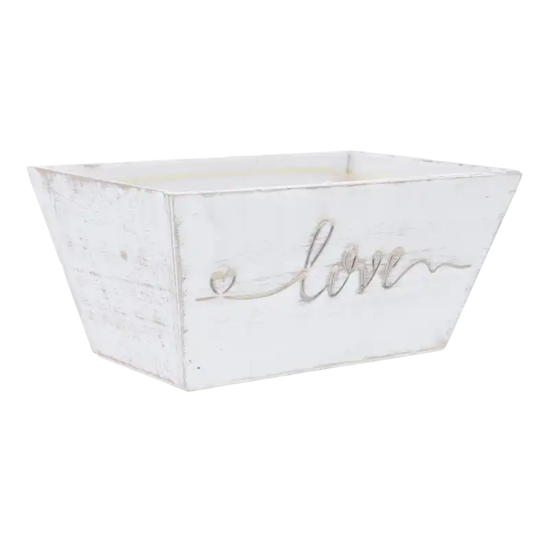 Biała drewniana skrzynka prezentowa LOVE 23x14 cm z folią ochronną. Stylowa osłonka na kwiaty i baza na upominki w romantycznym stylu do aranżacji wnętrz.