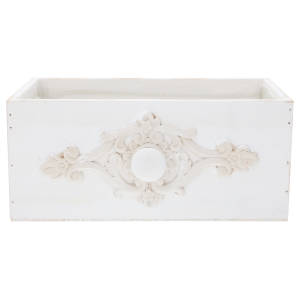 Drewniana skrzynka szuflada 23x13x10 cm w kolorze białym. Posiada postarzaną aplikację dekoracyjną i uchwyt z przodu. Idealna na prezent lub kwiaty.