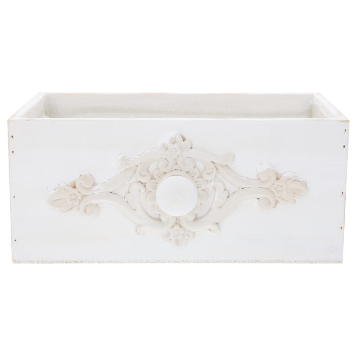 Drewniana skrzynka szuflada 23x13x10 cm w kolorze białym. Posiada postarzaną aplikację dekoracyjną i uchwyt z przodu. Idealna na prezent lub kwiaty.