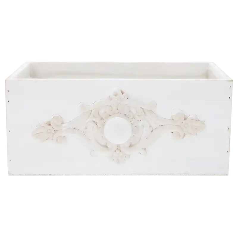 Drewniana skrzynka szuflada 23x13x10 cm w kolorze białym. Posiada postarzaną aplikację dekoracyjną i uchwyt z przodu. Idealna na prezent lub kwiaty.