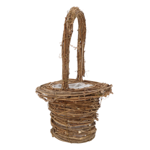 Pusty kosz w kształcie rogala o wysokości 40 cm, prezentujący strukturę naturalnego materiału i uchwyt.