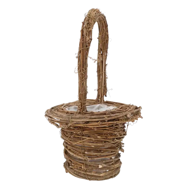 Pusty kosz w kształcie rogala o wysokości 40 cm, prezentujący strukturę naturalnego materiału i uchwyt.