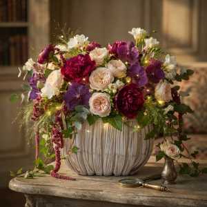 Zbliżenie na jedną białą rattanową osłonkę z bogatą, wielokolorową kompozycją roślinną, stojącą na dekoracyjnym stole w jasnym wnętrzu.