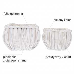 Schematyczne przedstawienie dwóch kwadratowych osłonek z rattanu z opisami wskazującymi na folię ochronną, plecionkę i praktyczny kształt.