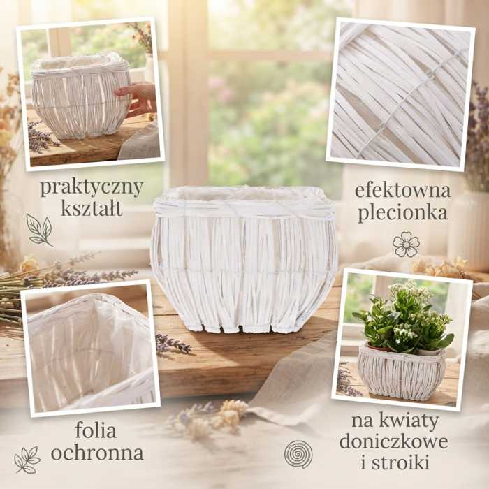 Kwadratowa biała rattanowa osłonka 20x20 cm z folią ochronną, prezentowana w kompozycji z lawendą.
