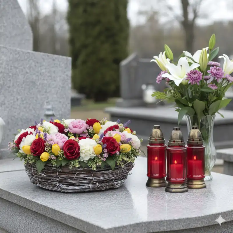 Zastosowanie osłonki z kory na nagrobku. Dekoracja zawiera kompozycję kwiatową w towarzystwie zapalonych czerwonych zniczy.