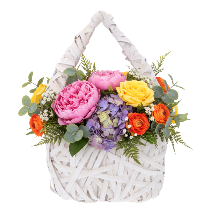 Rattanowy kosz do kompozycji płomień 38 cm z barwną roślinnością. Wewnątrz znajduje się folia ochronna ułatwiająca tworzenie aranżacji florystycznych.