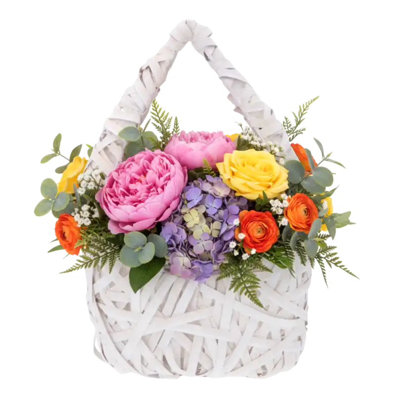Rattanowy kosz do kompozycji płomień 38 cm z barwną roślinnością. Wewnątrz znajduje się folia ochronna ułatwiająca tworzenie aranżacji florystycznych.
